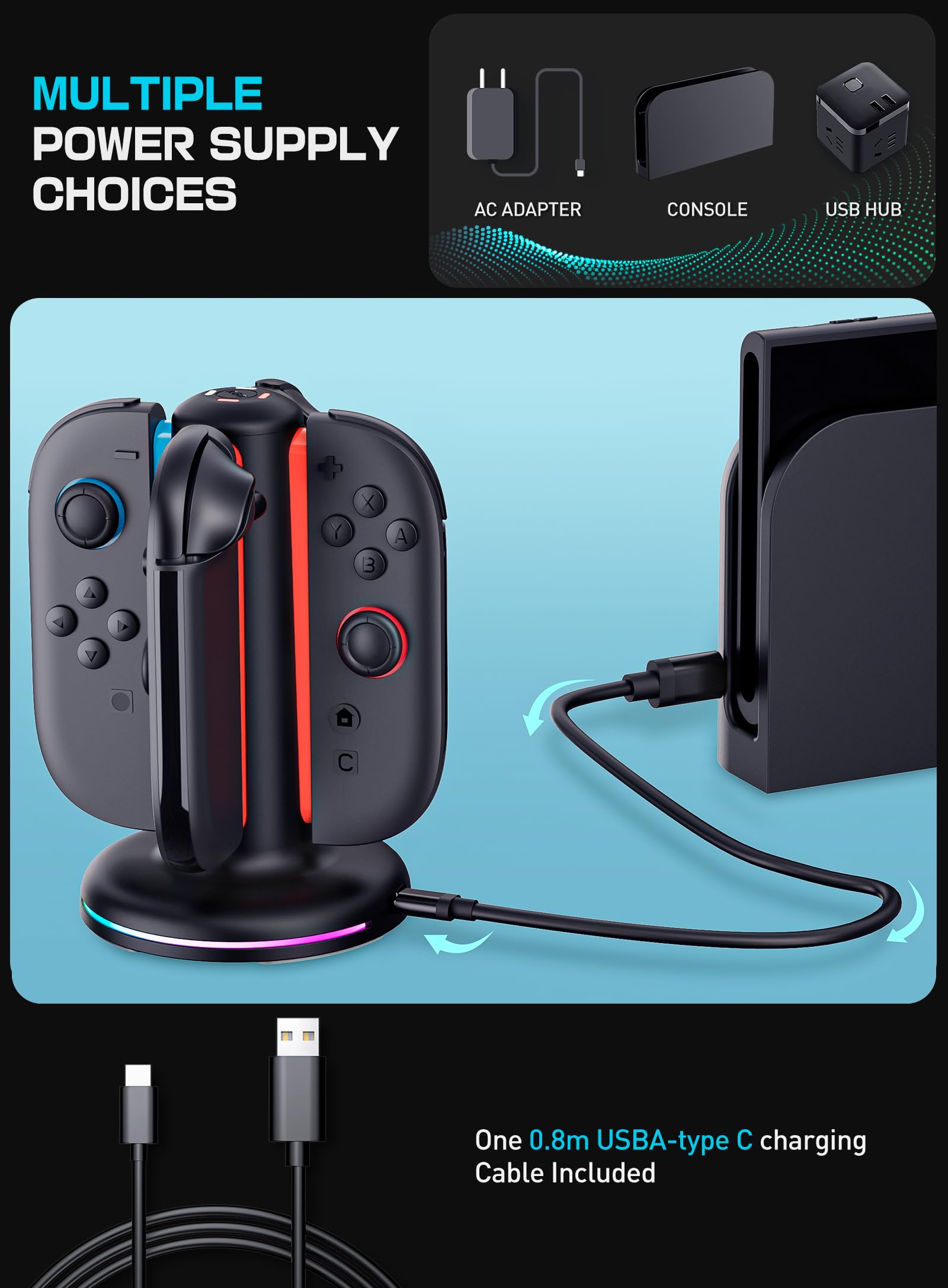 SUPCASE Charging Dock for Nintendo Switch 2 Joy Con, [Supports Dual-Side Charging] [9 Light Modes] Magnetic Controller Fast Charger Stand Station Compatible with Switch 2 Joy Con Accessories, Black - Image 6