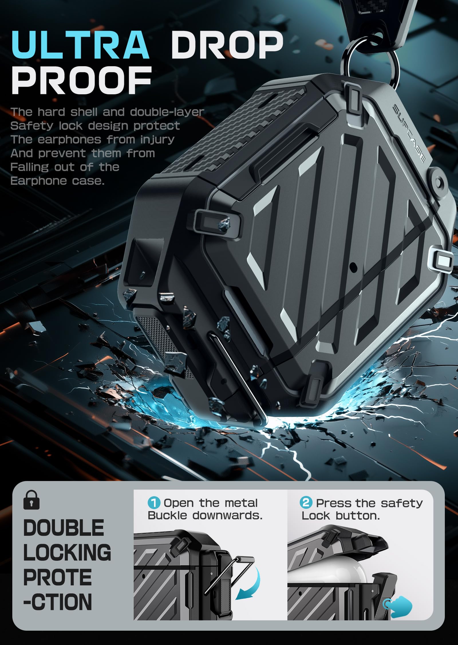 SUPCASE for AirPods 4 Case with Lock & Carabiner (Unicorn Beetle Pro), [IP68 Waterproof] [Military-Grade Protection] [Supports Wireless Charging] Anti-Scratch Hard Shell Waterproof Cover, Black - Image 3