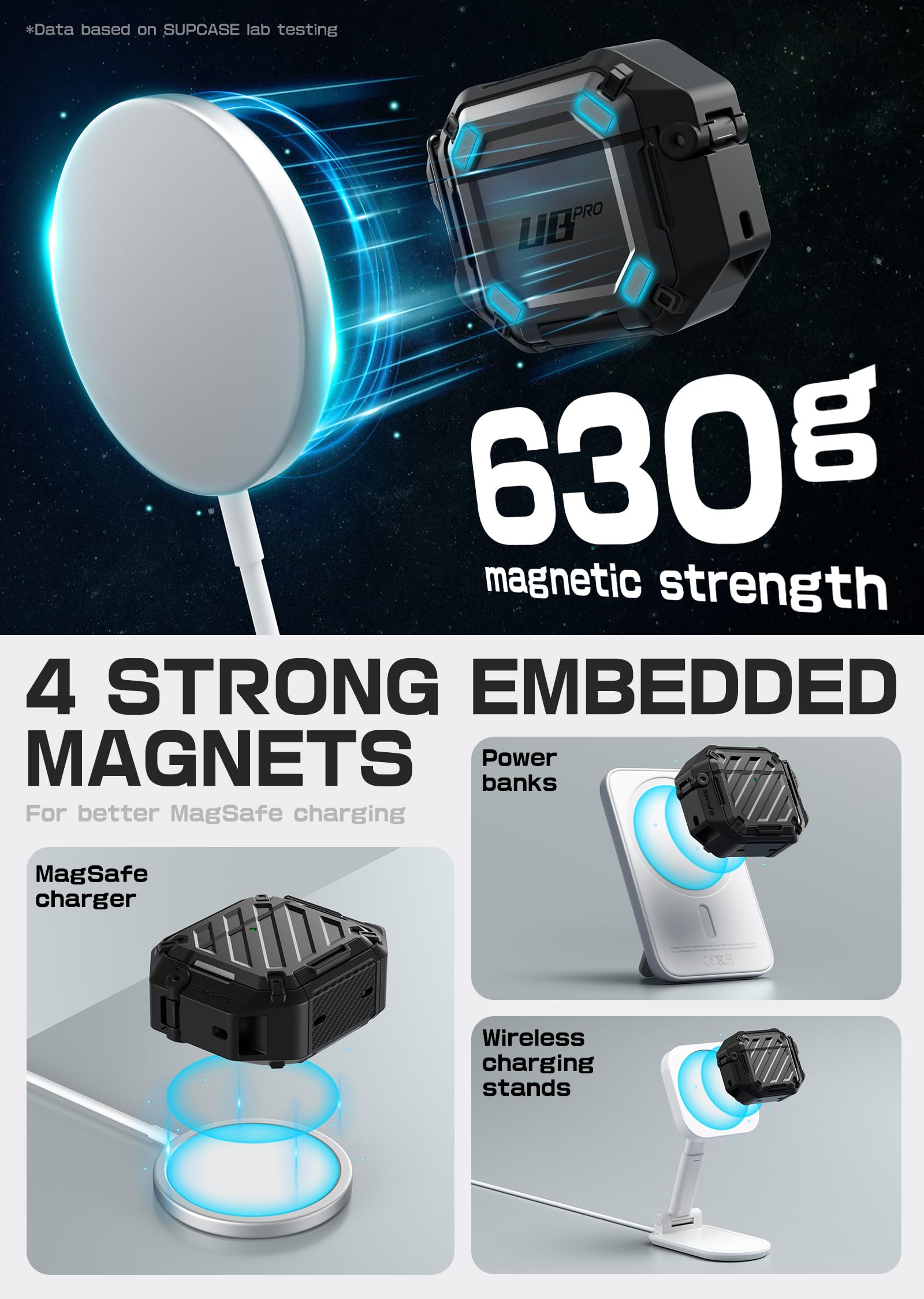 SUPCASE for AirPods 4 Case with Lock & Carabiner (Unicorn Beetle Pro), [IP68 Waterproof] [Military-Grade Protection] [Supports Wireless Charging] Anti-Scratch Hard Shell Waterproof Cover, Black - Image 4