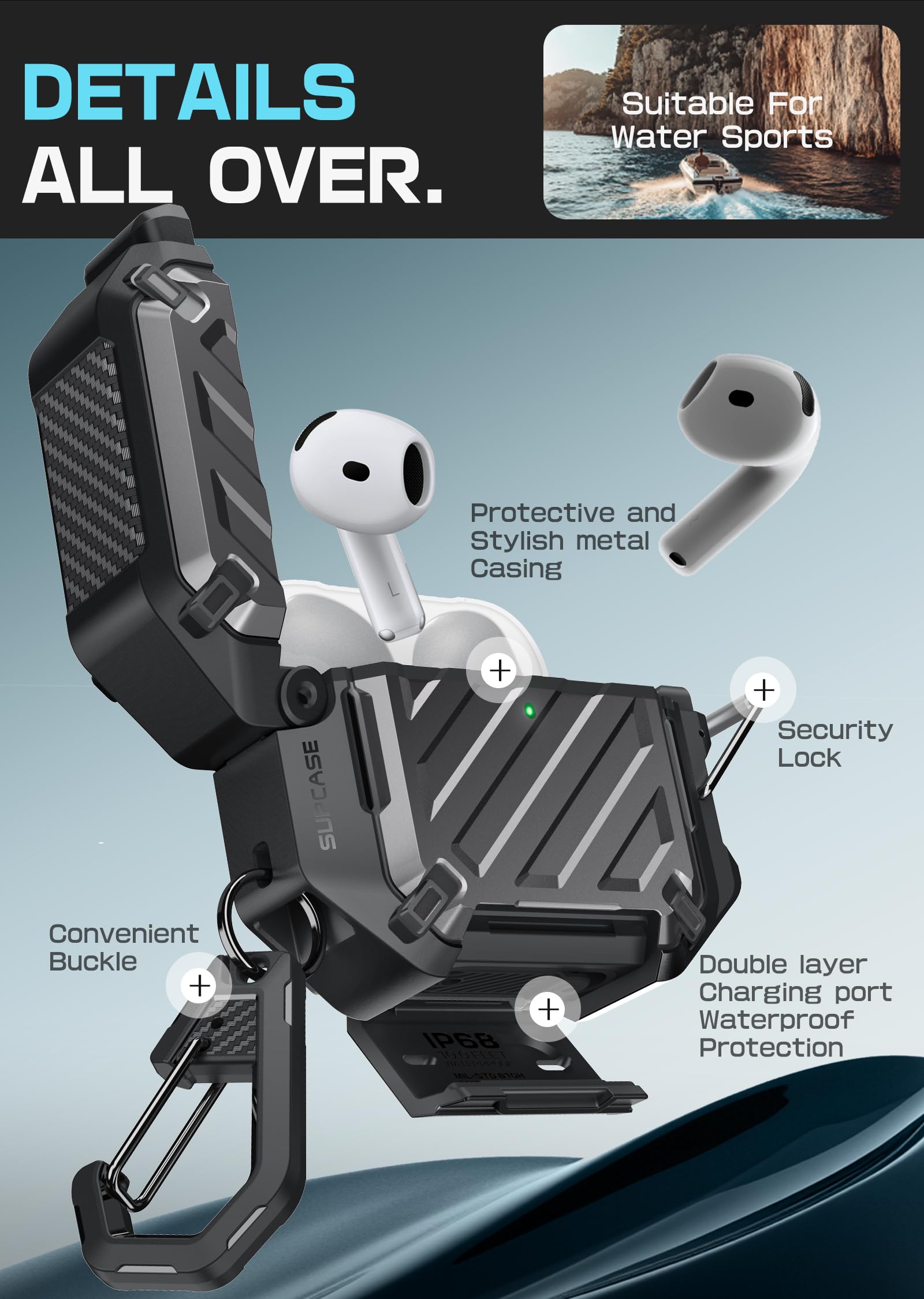 SUPCASE for AirPods 4 Case with Lock & Carabiner (Unicorn Beetle Pro), [IP68 Waterproof] [Military-Grade Protection] [Supports Wireless Charging] Anti-Scratch Hard Shell Waterproof Cover, Black - Image 5