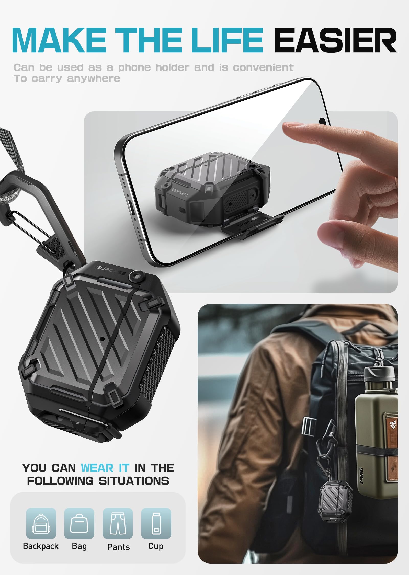 SUPCASE for AirPods 4 Case with Lock & Carabiner (Unicorn Beetle Pro), [IP68 Waterproof] [Military-Grade Protection] [Supports Wireless Charging] Anti-Scratch Hard Shell Waterproof Cover, Black - Image 6