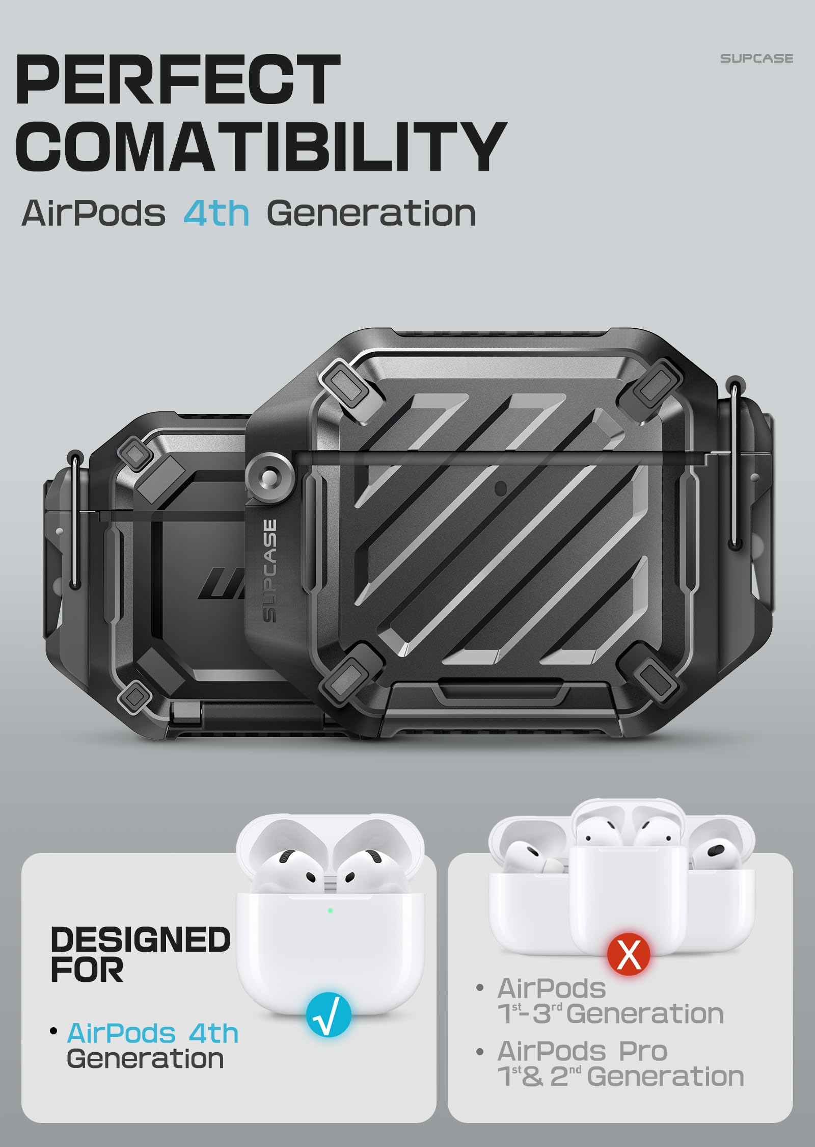 SUPCASE for AirPods 4 Case with Lock & Carabiner (Unicorn Beetle Pro), [IP68 Waterproof] [Military-Grade Protection] [Supports Wireless Charging] Anti-Scratch Hard Shell Waterproof Cover, Black - Image 7