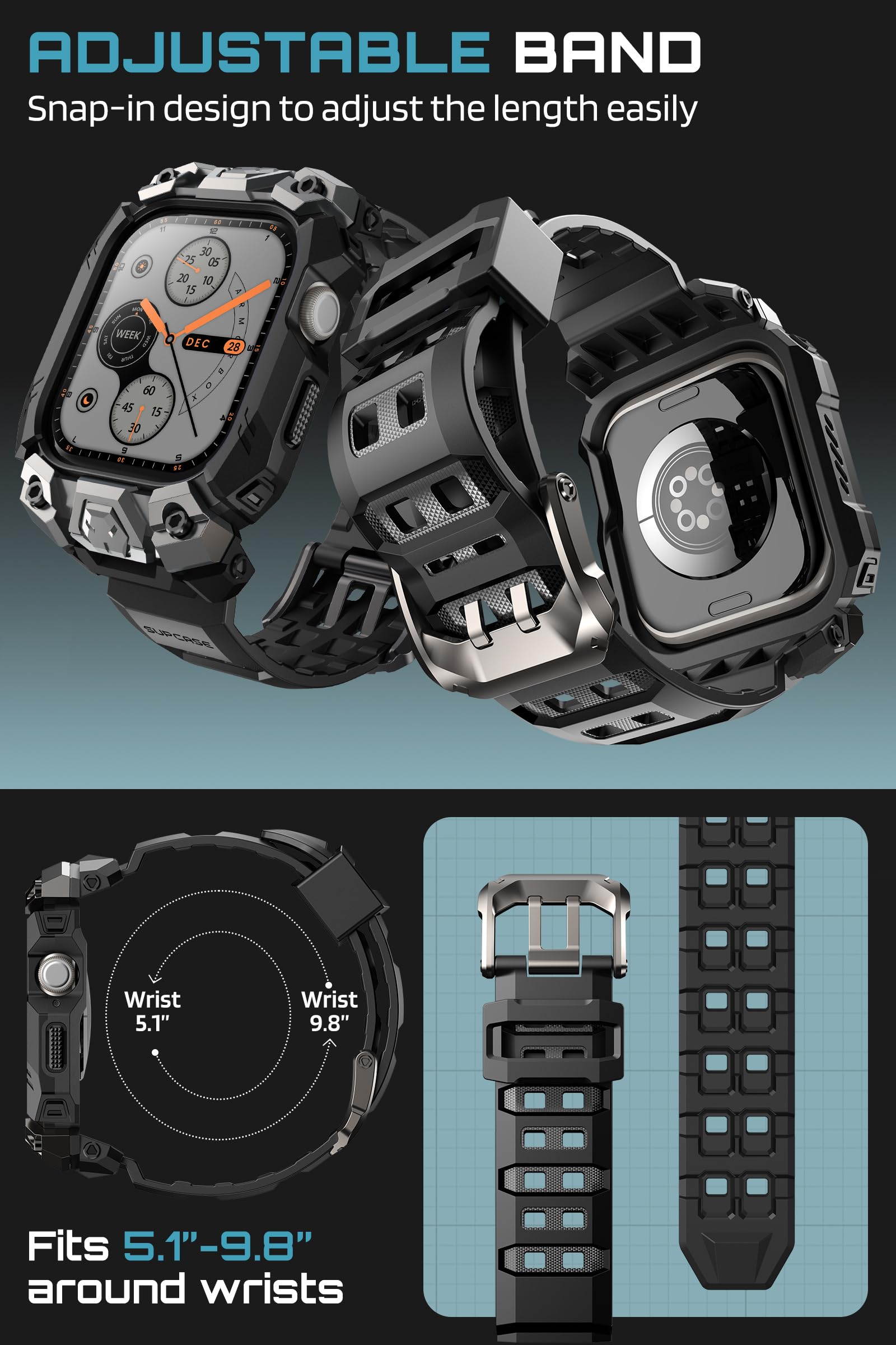 SUPCASE for Apple Watch 11/10 46mm Case with Band (Unicorn Beetle Ore), [Military-Grade Protection] Rugged Shockproof Scratch Resistant Bumper Cover with Adjustable Strap for iWatch 11/10 46mm, Black - Image 7