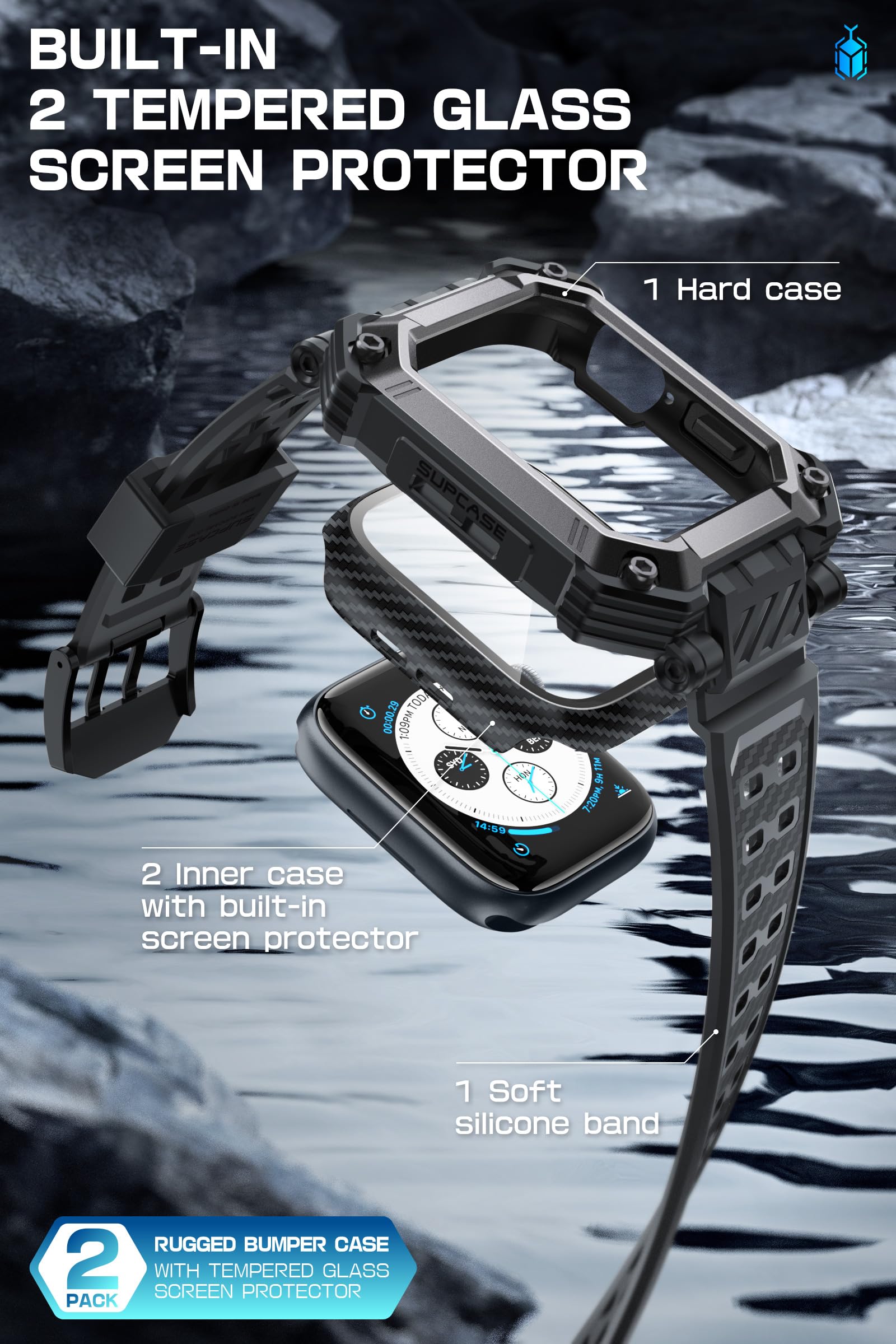 SUPCASE for Apple Watch SE 3 44mm Band with Case (Unicorn Beetle Pro), [Built-in Tempered Glass Screen Protector] Rugged Protective Men Cover with Adjustable Strap Band for iWatch 9/8/7 45mm, Black - Image 3