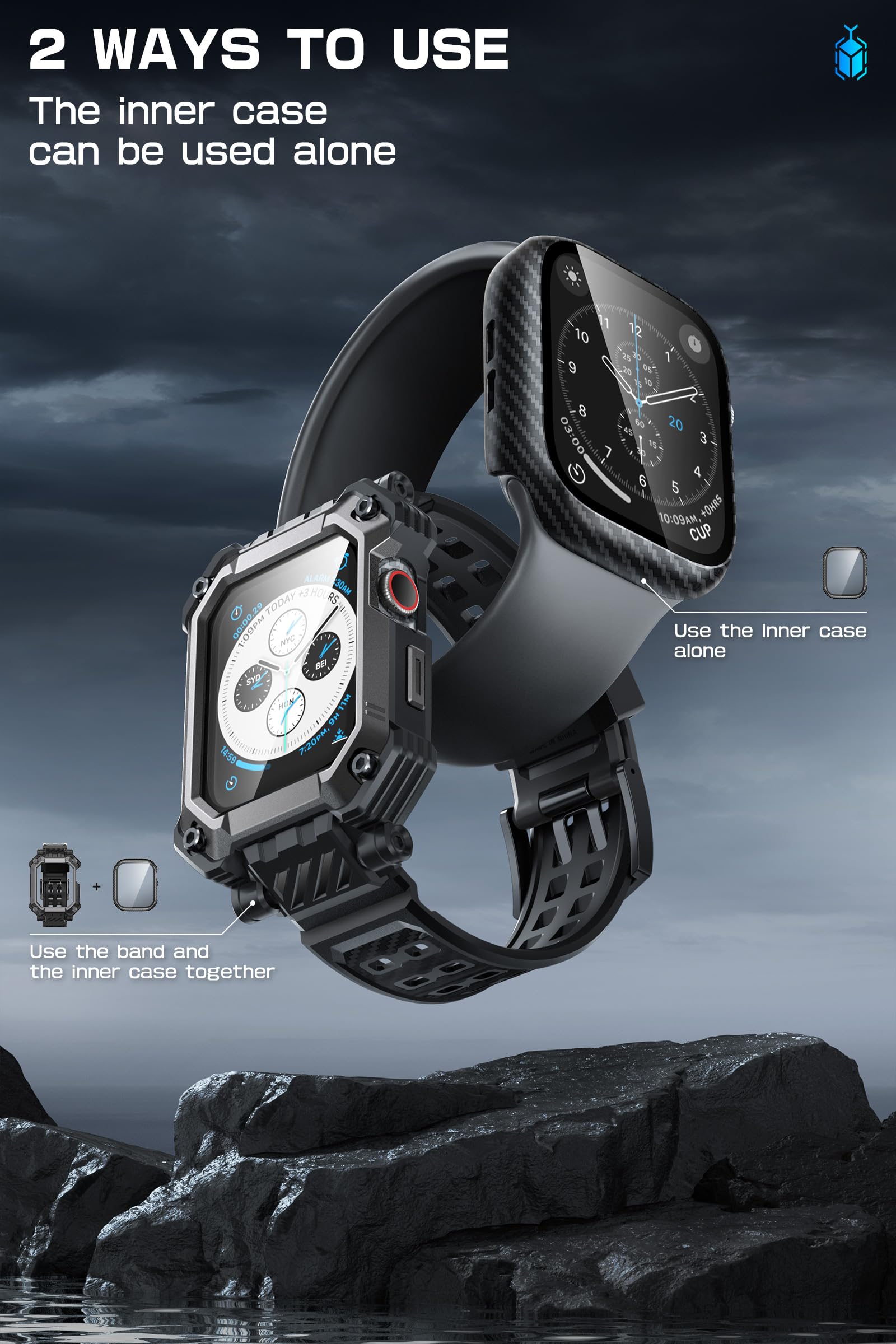 SUPCASE for Apple Watch SE 3 44mm Band with Case (Unicorn Beetle Pro), [Built-in Tempered Glass Screen Protector] Rugged Protective Men Cover with Adjustable Strap Band for iWatch 9/8/7 45mm, Black - Image 4