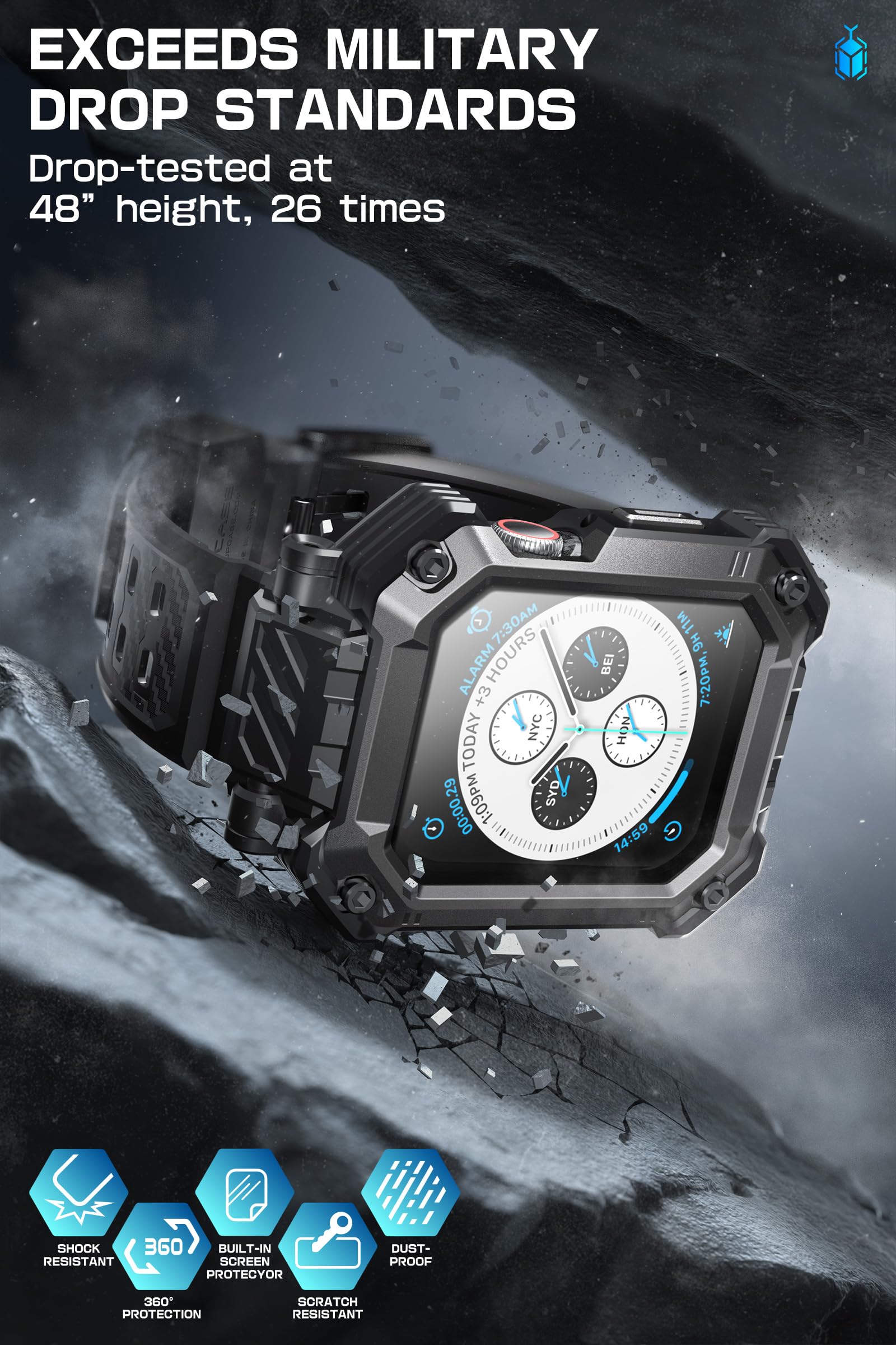 SUPCASE for Apple Watch SE 3 44mm Band with Case (Unicorn Beetle Pro), [Built-in Tempered Glass Screen Protector] Rugged Protective Men Cover with Adjustable Strap Band for iWatch 9/8/7 45mm, Black - Image 5