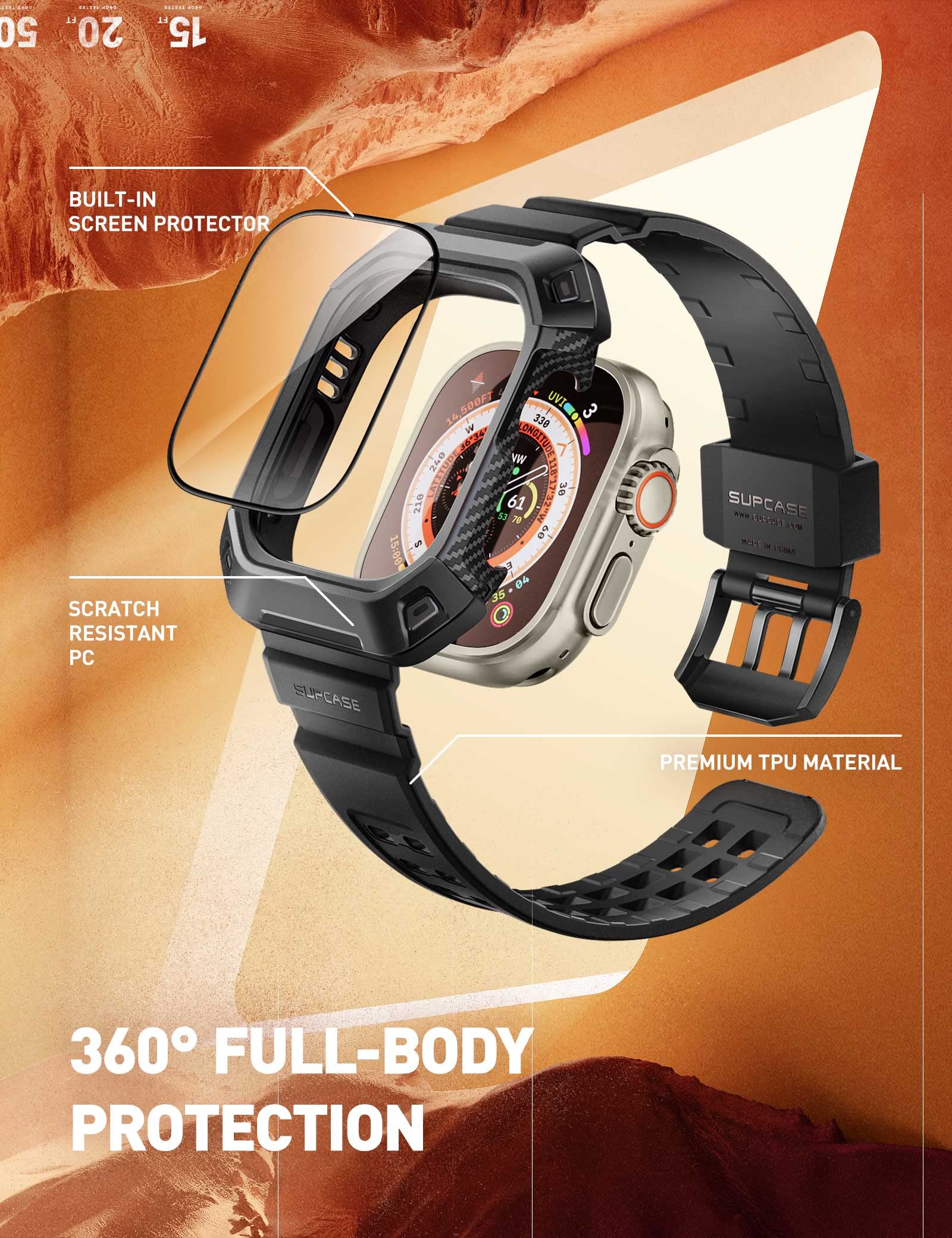 SUPCASE for Apple Watch Ultra Case with Band (Unicorn Beetle Pro), [2X Screen Protector] [Military-Grade Drop Protection] Rugged Men Cover with Adjustable Strap Band for iWatch Ultra 3/2/1, Black - Image 3