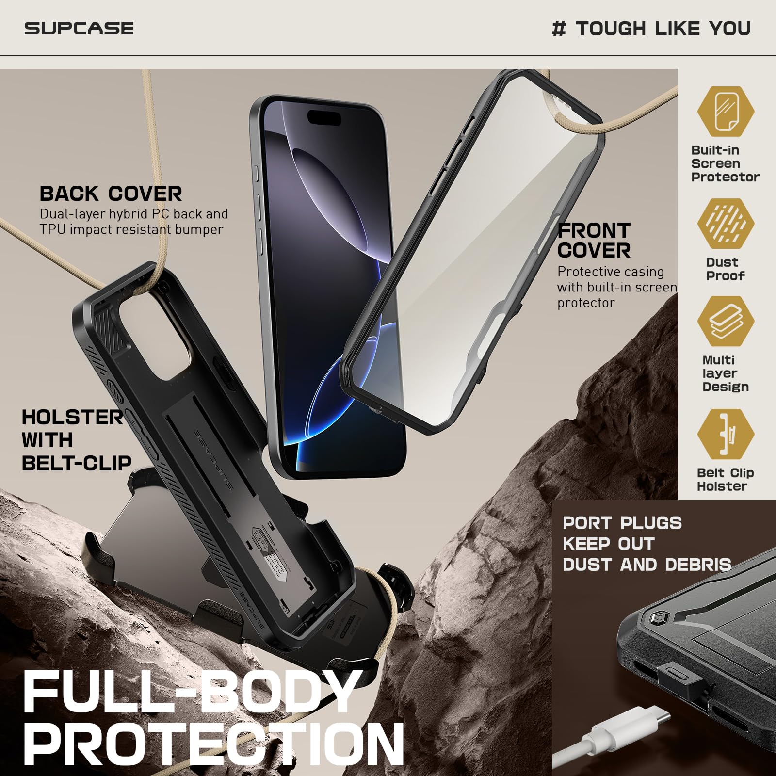 SUPCASE for iPhone 16 Pro Max Case with Screen Protector (Unicorn Beetle Pro), [Built-in Stand & Belt-Clip] [Military-Grade Protection] Full Body Heavy Duty Phone Case for iPhone 16 Pro Max, Black - Image 6