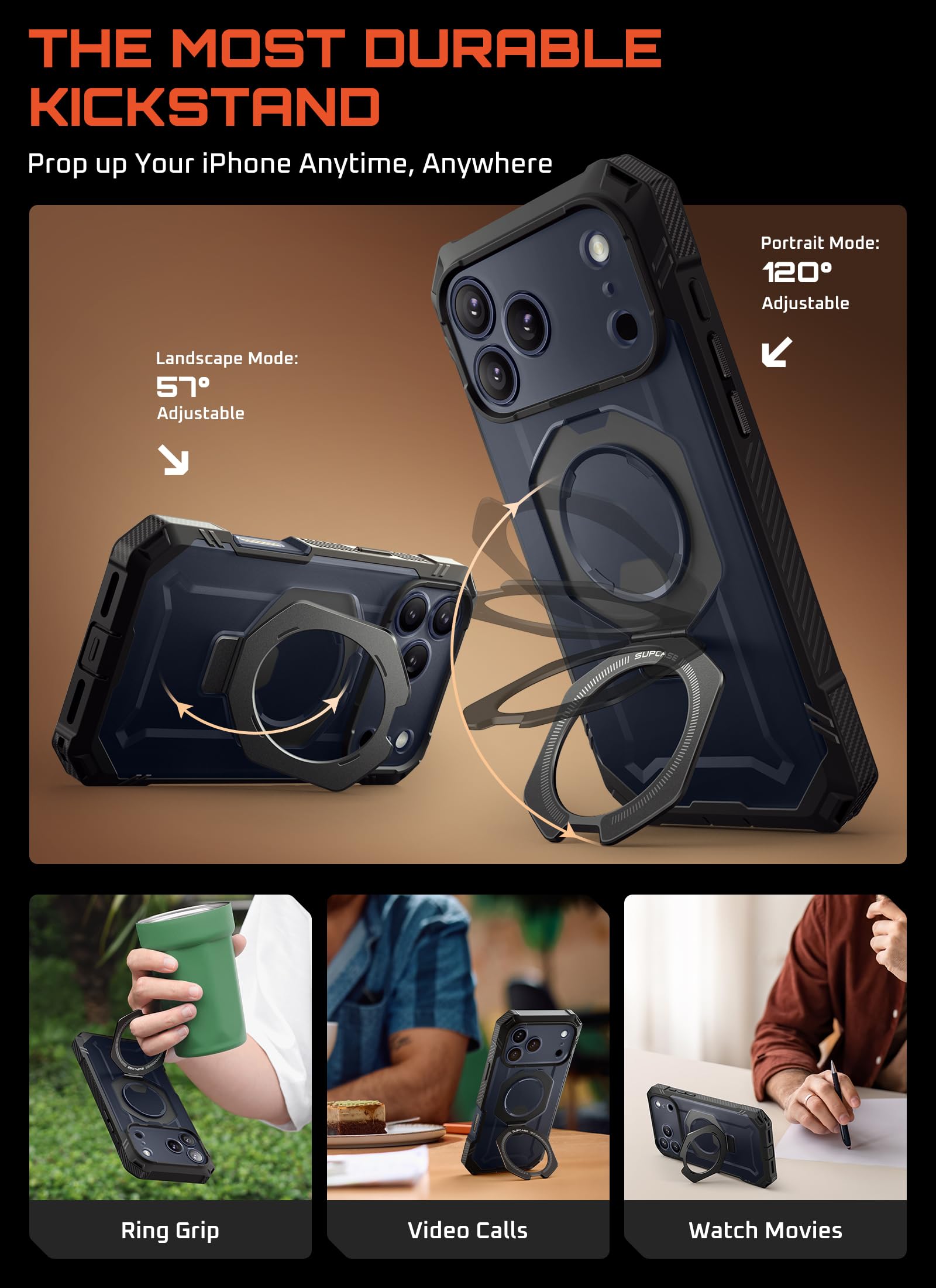 SUPCASE for iPhone 17 Pro Case with Tempered Glass Screen Protector (UBGrip Pro), [Camera Control Cover] [Compatible with MagSafe] [Built-in Kickstand] Full-Body Heavy Duty Magnetic Phone Case, Black - Image 4