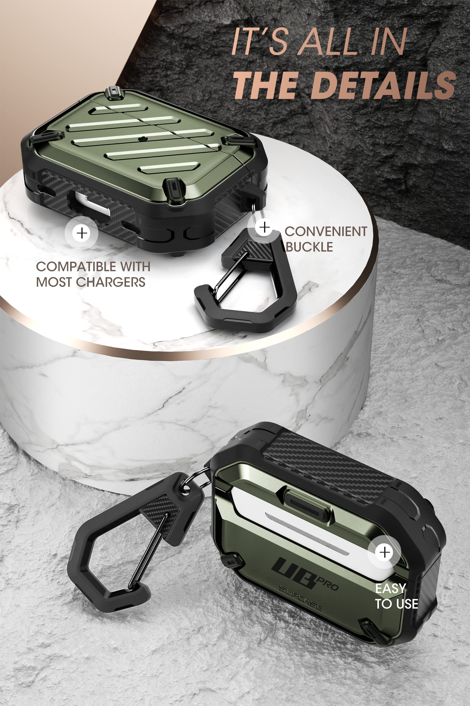 Supcase Unicorn Beetle Pro Series Full Body Rugged Protective Case with Carabiner for Air Pods Pro (2022/2019), Dark Green - Image 5