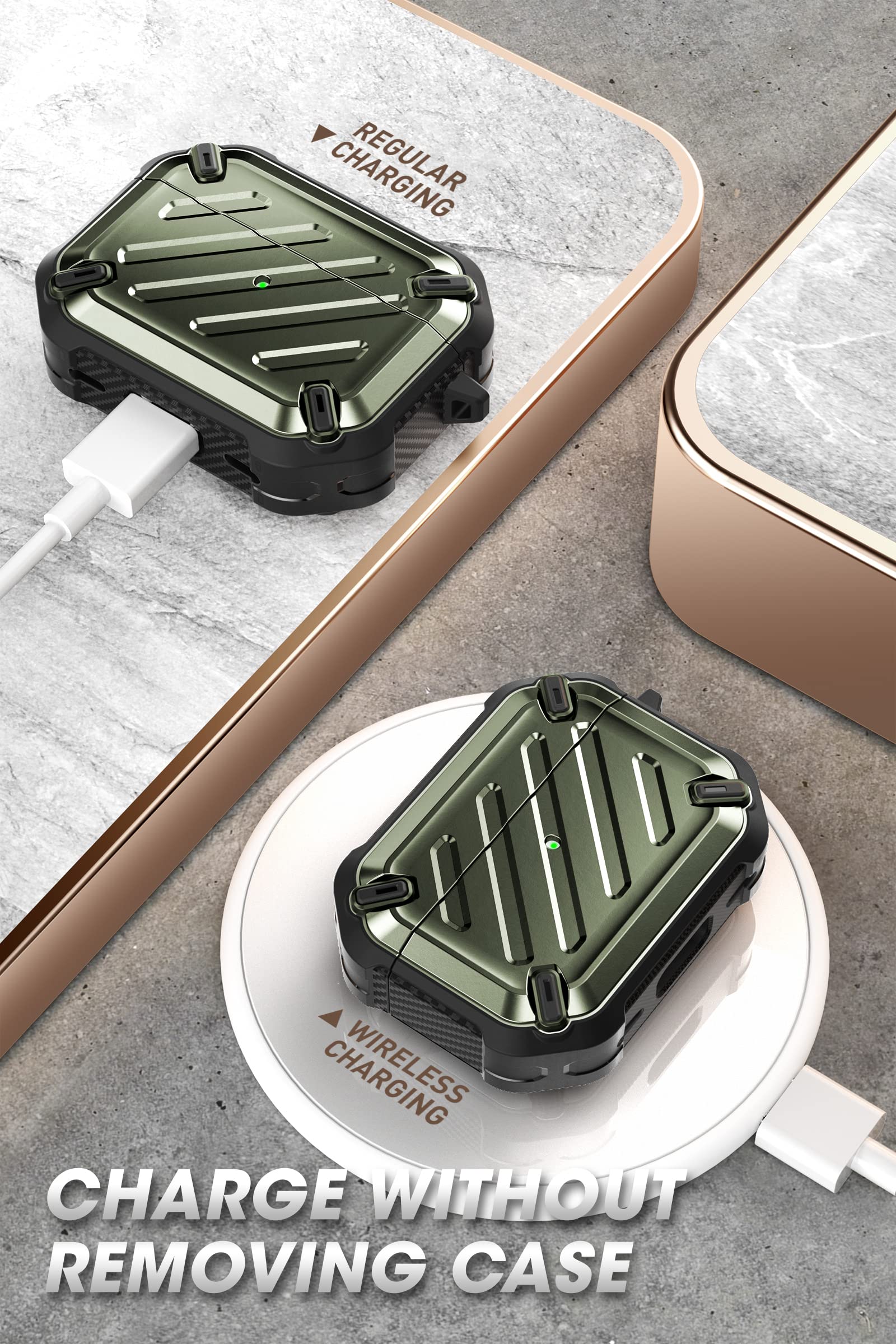 Supcase Unicorn Beetle Pro Series Full Body Rugged Protective Case with Carabiner for Air Pods Pro (2022/2019), Dark Green - Image 6